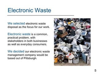 Electronic Waste
We selected electronic waste
disposal as the focus for our work.
Electronic waste is a common,
practical problem, with
stakeholders in both businesses
as well as everyday consumers.
We decided our electronic waste
management company would be
based out of Pittsburgh.
5
 