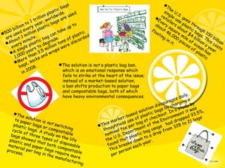 500 billion to 1 trillion plastic bags  are used every year, worldwide.  About 1 million plastic bags are used every minute.  A single plastic bag can take up to  1,000 years to degrade.  More than 3.5 million tons of plastic  bags, sacks and wraps were discarded in 2008.   The U.S. goes through 100 billion  single-use plastic bags. This costs retailers about $4 billion a year.  Every square mile of ocean has about 46,000 pieces of plastic  floating in it.   The solution is  not  a plastic bag ban, which is an emotional response which  fails to strike at the heart of the issue;  instead of a market-based solution,  a ban shifts production to paper bags and compostable bags, both of which  have heavy environmental consequences.   The solution is  not  switching  to paper bags or compostable  plastic bags. A study on the life cycle of three types of disposable bags showed that both compostable plastic and paper bags require more  material per bag in the manufacturing  process.  This market-based solution discourages daily, thoughtless use of plastic bags by charging a  nominal fee per bag at checkout. In a study by  the U.S. Department of the Environment it was found that plastic bag usage  had dropped 93.5%.  This breaks down to a drop from 328 to 21 bags per person each year.  