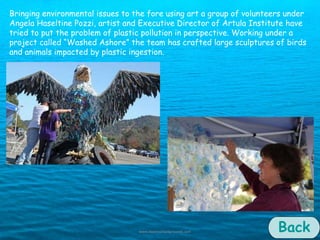 Back Bringing environmental issues to the fore using art a group of volunteers under  Angela Haseltine Pozzi, artist and Executive Director of Artula Institute have tried to put the problem of plastic pollution in perspective. Working under a  project called “Washed Ashore” the team has crafted large sculptures of birds  and animals impacted by plastic ingestion. 