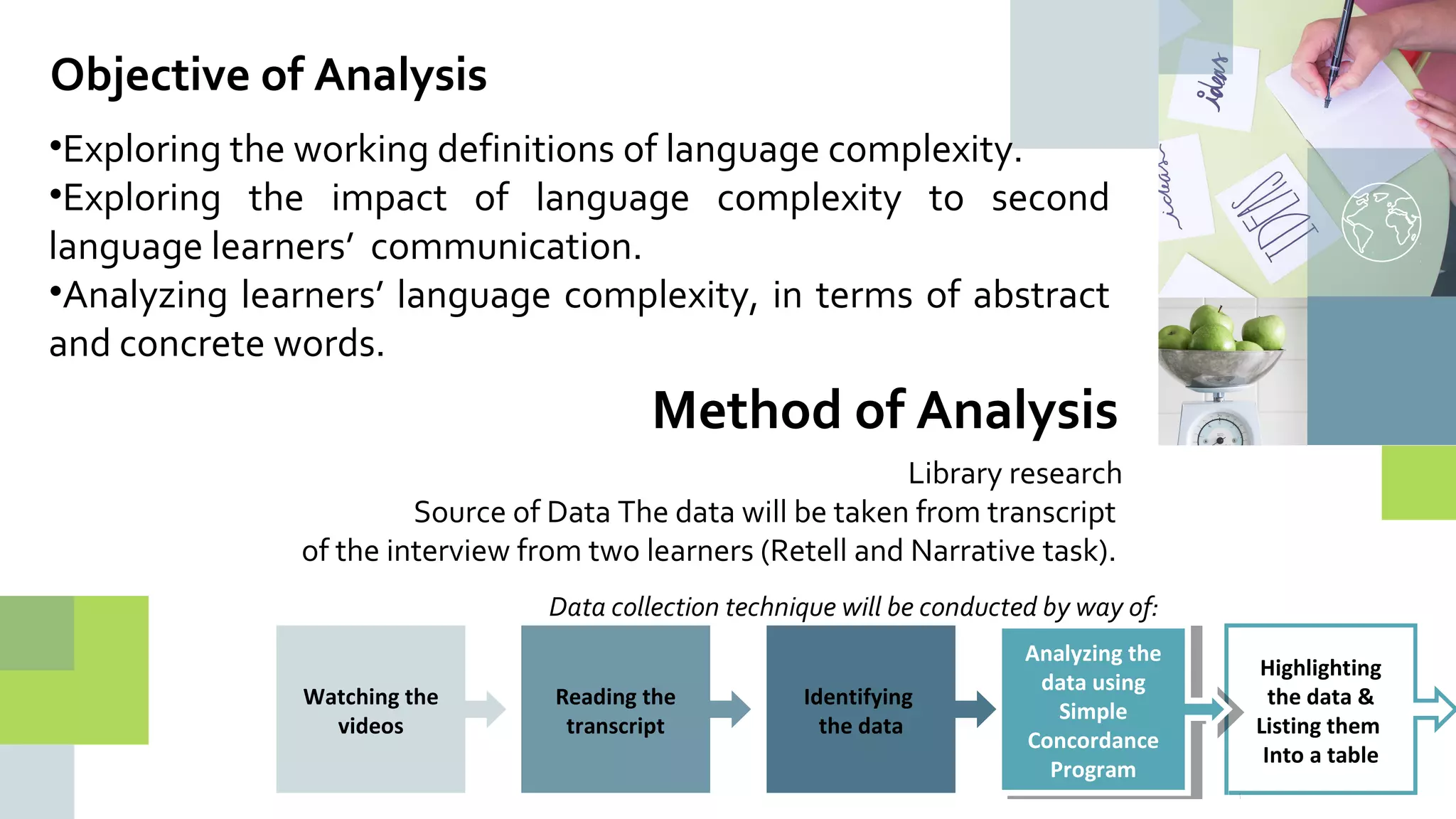 •Exploring the working definitions of language complexity.
•Exploring the impact of language complexity to second
language learners’ communication.
•Analyzing learners’ language complexity, in terms of abstract
and concrete words.
Objective of Analysis
Library research
Source of Data The data will be taken from transcript
of the interview from two learners (Retell and Narrative task).
Method of Analysis
Highlighting
the data &
Listing them
Into a table
Analyzing the
data using
Simple
Concordance
Program
Analyzing the
data using
Simple
Concordance
Program
Identifying
the data
Reading the
transcript
Watching the
videos
Data collection technique will be conducted by way of:
 