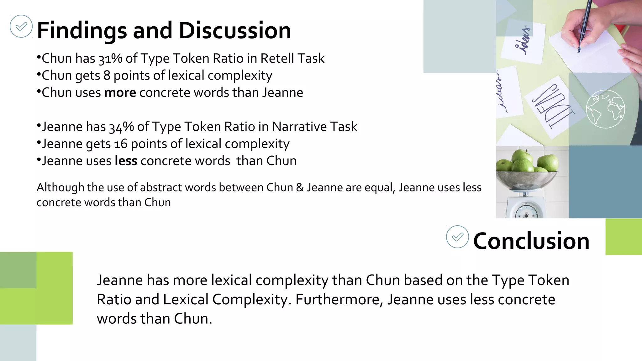 Findings and Discussion
Conclusion
•Chun has 31% of Type Token Ratio in Retell Task
•Chun gets 8 points of lexical complexity
•Chun uses more concrete words than Jeanne
•Jeanne has 34% of Type Token Ratio in Narrative Task
•Jeanne gets 16 points of lexical complexity
•Jeanne uses less concrete words than Chun
Jeanne has more lexical complexity than Chun based on the Type Token
Ratio and Lexical Complexity. Furthermore, Jeanne uses less concrete
words than Chun.
Although the use of abstract words between Chun & Jeanne are equal, Jeanne uses less
concrete words than Chun
 