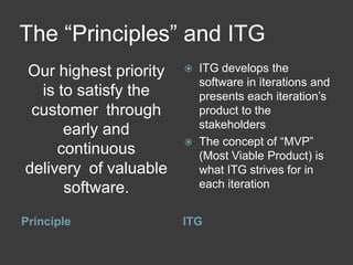 The “Principles” and ITG
Our highest priority      ITG develops the
                           software in iterations and
  is to satisfy the        presents each iteration’s
 customer through          product to the
                           stakeholders
      early and
                          The concept of “MVP”
     continuous            (Most Viable Product) is
delivery of valuable       what ITG strives for in
      software.            each iteration


Principle              ITG
 