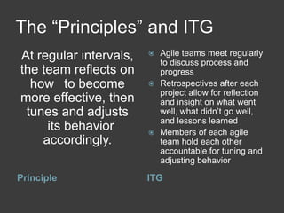 The “Principles” and ITG
At regular intervals,    Agile teams meet regularly
                          to discuss process and
the team reflects on      progress
  how  to become         Retrospectives after each
                          project allow for reflection
more effective, then      and insight on what went
 tunes and adjusts        well, what didn’t go well,
                          and lessons learned
     its behavior        Members of each agile
    accordingly.          team hold each other
                          accountable for tuning and
                          adjusting behavior

Principle               ITG
 