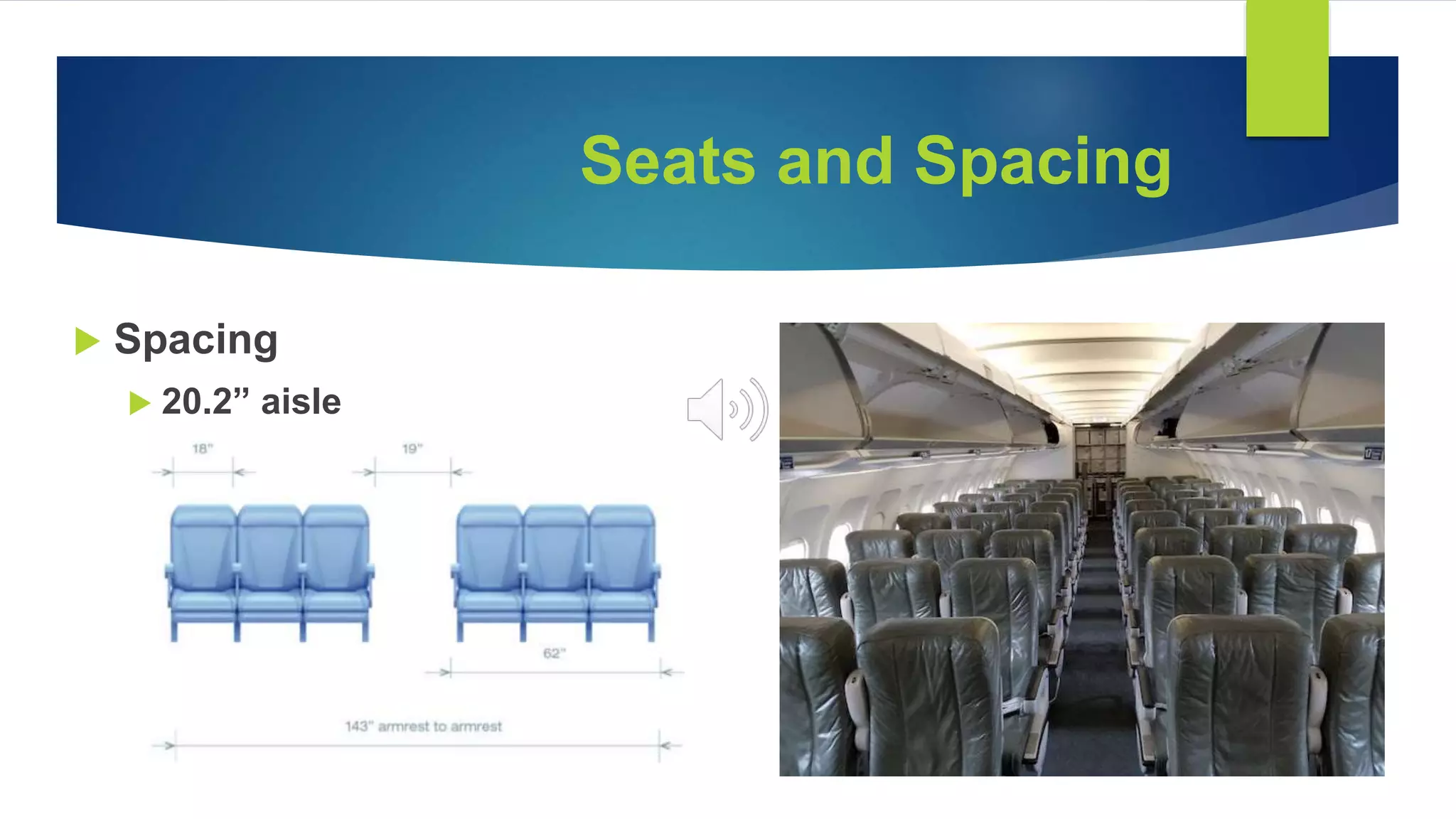 Seats and Spacing
 Spacing
 20.2” aisle
 