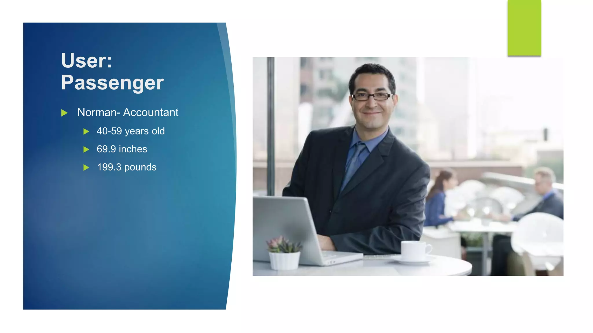  Norman- Accountant
 40-59 years old
 69.9 inches
 199.3 pounds
User:
Passenger
 