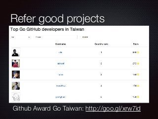 Refer good projects
Github Award Go Taiwan: http://goo.gl/xrw7id
 