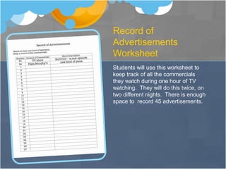 Instruction ProceduresIntroductionThe ConnectionAllow students to explore classroom for advertisementsHave magazines out – Parents, Brides, Men’s Health, Time, National Geographic, Travel, etc.Have available computers with Internet access to search for commercialsHave students take online quiz (individual)Sharing the ConnectionAllow students time to discuss results of quiz with each otherAsk students questions about TV and InternetModel how to use spreadsheet mindtool (whole class)Teacher records responses on a spreadsheetMake graph by period