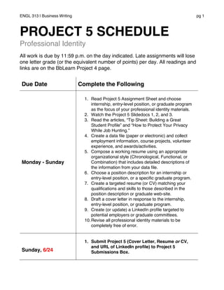 ENGL 313 | Business Writing pg 1
PROJECT 5 SCHEDULE
Professional Identity
All work is due by 11:59 p.m. on the day indicated. Late assignments will lose
one letter grade (or the equivalent number of points) per day. All readings and
links are on the BbLearn Project 4 page.
Due Date Complete the Following
Monday - Sunday
1. Read Project 5 Assignment Sheet and choose
internship, entry-level position, or graduate program
as the focus of your professional identity materials.
2. Watch the Project 5 Slidedocs 1, 2, and 3.
3. Read the articles, “Tip Sheet: Building a Great
Student Profile” and “How to Protect Your Privacy
While Job Hunting.”
4. Create a data file (paper or electronic) and collect
employment information, course projects, volunteer
experience, and awards/activities.
5. Compose a working resume using an appropriate
organizational style (Chronological, Functional, or
Combination) that includes detailed descriptions of
the information from your data file.
6. Choose a position description for an internship or
entry-level position, or a specific graduate program.
7. Create a targeted resume (or CV) matching your
qualifications and skills to those described in the
position description or graduate web-site.
8. Draft a cover letter in response to the internship,
entry-level position, or graduate program.
9. Create (or update) a LinkedIn profile targeted to
potential employers or graduate committees.
10.Revise all professional identity materials to be
completely free of error.
Sunday, 6/24
1. Submit Project 5 (Cover Letter, Resume or CV,
and URL of LinkedIn profile) to Project 5
Submissions Box.
 