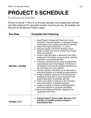 ENGL 313 | Business Writing pg 1
PROJECT 5 SCHEDULE
Professional Identity
All work is due by 11:59 p.m. on the day indicated. Late assignments will lose
one letter grade (or the equivalent number of points) per day. All readings and
links are on the BbLearn Project 4 page.
Due Date Complete the Following
Monday - Sunday
1. Read Project 5 Assignment Sheet and choose
internship, entry-level position, or graduate program
as the focus of your professional identity materials.
2. Watch the Project 5 Slidedocs 1, 2, and 3.
3. Read the articles, “Tip Sheet: Building a Great
Student Profile” and “How to Protect Your Privacy
While Job Hunting.”
4. Create a data file (paper or electronic) and collect
employment information, course projects, volunteer
experience, and awards/activities.
5. Compose a working resume using an appropriate
organizational style (Chronological, Functional, or
Combination) that includes detailed descriptions of
the information from your data file.
6. Choose a position description for an internship or
entry-level position, or a specific graduate program.
7. Create a targeted resume (or CV) matching your
qualifications and skills to those described in the
position description or graduate web-site.
8. Draft a cover letter in response to the internship,
entry-level position, or graduate program.
9. Create (or update) a LinkedIn profile targeted to
potential employers or graduate committees.
10.Revise all professional identity materials to be
completely free of error.
Sunday, 6/23
1. Submit Project 5 (Cover Letter, Resume or CV,
and URL of LinkedIn profile) to Project 5
Submissions Box.
 
