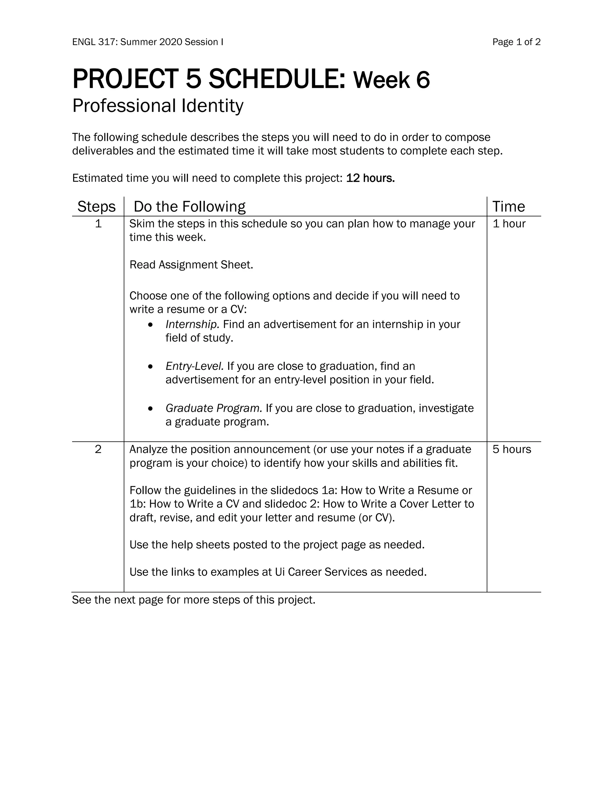 ENGL 317: Summer 2020 Session I Page 1 of 2
PROJECT 5 SCHEDULE: Week 6
Professional Identity
The following schedule describes the steps you will need to do in order to compose
deliverables and the estimated time it will take most students to complete each step.
Estimated time you will need to complete this project: 12 hours.
Steps Do the Following Time
1 Skim the steps in this schedule so you can plan how to manage your
time this week.
Read Assignment Sheet.
Choose one of the following options and decide if you will need to
write a resume or a CV:
• Internship. Find an advertisement for an internship in your
field of study.
• Entry-Level. If you are close to graduation, find an
advertisement for an entry-level position in your field.
• Graduate Program. If you are close to graduation, investigate
a graduate program.
1 hour
2 Analyze the position announcement (or use your notes if a graduate
program is your choice) to identify how your skills and abilities fit.
Follow the guidelines in the slidedocs 1a: How to Write a Resume or
1b: How to Write a CV and slidedoc 2: How to Write a Cover Letter to
draft, revise, and edit your letter and resume (or CV).
Use the help sheets posted to the project page as needed.
Use the links to examples at Ui Career Services as needed.
5 hours
See the next page for more steps of this project.
 