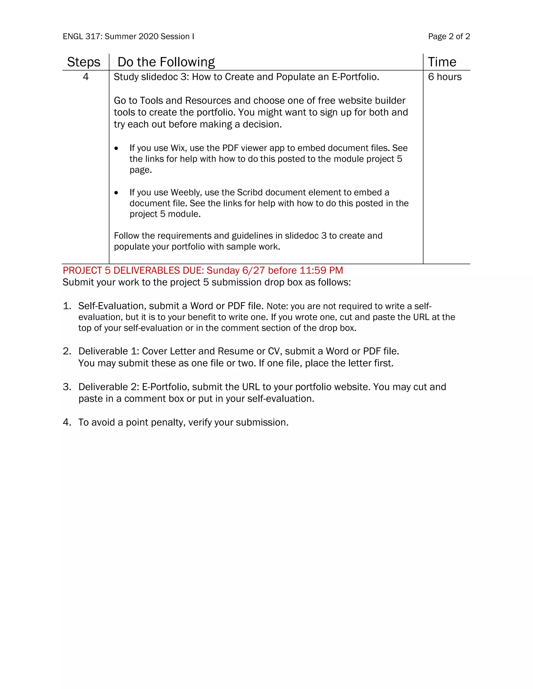 ENGL 317: Summer 2020 Session I Page 2 of 2
Steps Do the Following Time
4 Study slidedoc 3: How to Create and Populate an E-Portfolio.
Go to Tools and Resources and choose one of free website builder
tools to create the portfolio. You might want to sign up for both and
try each out before making a decision.
• If you use Wix, use the PDF viewer app to embed document files. See
the links for help with how to do this posted to the module project 5
page.
• If you use Weebly, use the Scribd document element to embed a
document file. See the links for help with how to do this posted in the
project 5 module.
Follow the requirements and guidelines in slidedoc 3 to create and
populate your portfolio with sample work.
6 hours
PROJECT 5 DELIVERABLES DUE: Sunday 6/27 before 11:59 PM
Submit your work to the project 5 submission drop box as follows:
1. Self-Evaluation, submit a Word or PDF file. Note: you are not required to write a self-
evaluation, but it is to your benefit to write one. If you wrote one, cut and paste the URL at the
top of your self-evaluation or in the comment section of the drop box.
2. Deliverable 1: Cover Letter and Resume or CV, submit a Word or PDF file.
You may submit these as one file or two. If one file, place the letter first.
3. Deliverable 2: E-Portfolio, submit the URL to your portfolio website. You may cut and
paste in a comment box or put in your self-evaluation.
4. To avoid a point penalty, verify your submission.
 