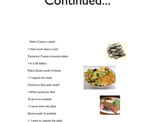 Continued...

•   PPadre: Cuanto cuesta?

•   = How much does it cost?

•   Camarero: Cuesta cincuenta dolars

•   = It is 50 dollars

•   Padre: Quiero pedir el bistec

•   = I request the steak

•   Camarero: Que pide usted?

•   = What would you like?

•   Yo les sirvo ensalada

•   = I serve them the salad

•   Quiero pedir la ensalada

    = I want to request the salad
 