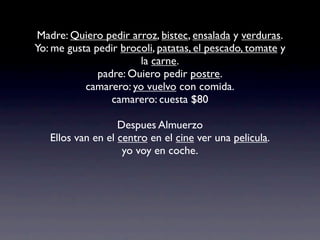 Madre: Quiero pedir arroz, bistec, ensalada y verduras.
Yo: me gusta pedir brocoli, patatas, el pescado, tomate y
la carne.
padre: Ouiero pedir postre.
camarero: yo vuelvo con comida.
camarero: cuesta $80
Despues Almuerzo
Ellos van en el centro en el cine ver una pelicula.
yo voy en coche.