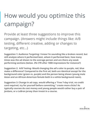 How would you optimize this
campaign?
Provide at least three suggestions to improve this
campaign. (Answers might include things like: A/B
testing, different creative, adding or changes to
targeting, etc…)
Suggestion 1: Audience Targeting: I know I’m sounding like a broken record, but
still analyze where it performed best, whom it performed best, how many
times was the ad shown to the average person and are there any weak
performing sections (below .3% CTR after 1000 impressions for instance?)
Suggestion 2: A/B Testing- Would changing the ad’s color to purple, red, blue
make a difference? Compared to the first ad, both are identical except for the
background color (green vs. purple) and the person being shown (young male
Asian and an African-American female both in a white background room).
Suggestion 3: Change in ad copy, would offering a “Free 7-day trial, no credit
card required, try for yourself before commiting.” create more clicks? As
typically courses do cost money and young people would rather buy a pair of
Jordans, or a LeBron jersey than invest in a course.
 