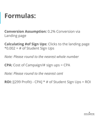Formulas:
Conversion Assumption: 0.2% Conversion via
Landing page
Calculating #of Sign Ups: Clicks to the landing page
*0.002 = # of Student Sign Ups
Note: Please round to the nearest whole number
CPA: Cost of Campaign/# sign ups = CPA
Note: Please round to the nearest cent
ROI: [(299 Profit) - CPA] * # of Student Sign Ups = ROI
 