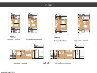 Plans
40m2 50m2
60m2
Bedroom Condition. Living Room Condition.
Bedroom Condition. Living Room Condition.
Bedroom Condition. Living Room Condition.
greenarchworld.in
 