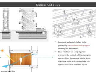 Sections And Views
• Communityand spatialreliefare further
generated by conversation/reading/playpods
extending into the courtyard.
• Cross ventilationwas a very important
criterionfor the architectswhiledesigning this
structure,hence they came up with the design
of a hollow cuboid, which gets pulled in two
opposite directionsas seen in the section.
greenarchworld.in
 