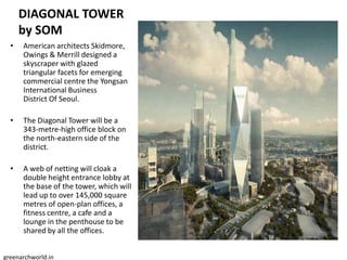 DIAGONAL TOWER
by SOM
• American architects Skidmore,
Owings & Merrill designed a
skyscraper with glazed
triangular facets for emerging
commercial centre the Yongsan
International Business
District Of Seoul.
• The Diagonal Tower will be a
343-metre-high office block on
the north-eastern side of the
district.
• A web of netting will cloak a
double height entrance lobby at
the base of the tower, which will
lead up to over 145,000 square
metres of open-plan offices, a
fitness centre, a cafe and a
lounge in the penthouse to be
shared by all the offices.
greenarchworld.in
 