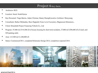 Project 6-key facts.
• Architects:REX
• Location: Seoul, South Korea
• Key Personnel: Tiago Barros,Adam Chizmar,Danny DuongExecutive Architect:Mooyoung.
• Consultants:Barker Mohandas, Buro Happold, Front, Level Acoustics,Magnusson Klemencic,.
• Client:Dreamhub Project Financing Vehicle Co.,Ltd
• Program: 47,800 m2 (514,500 sf) of luxury housing for short-termresidents,27,000 m2 (290,600 sf) of retail,and
929 parking stalls
• Area: 115,500 m2 (1,240,000 sf)
• Status: Commenced2011; completedSchematic Design 2012; completion expected 2016
greenarchworld.in
 