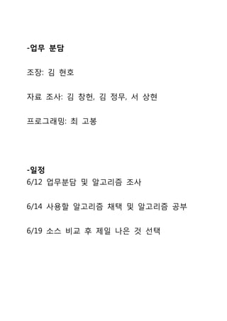 -업무 분담


조장: 김 현호


자료 조사: 김 창헌, 김 정무, 서 상현


프로그래밍: 최 고봉




-일정
6/12 업무분담 및 알고리즘 조사


6/14 사용할 알고리즘 채택 및 알고리즘 공부


6/19 소스 비교 후 제일 나은 것 선택
 