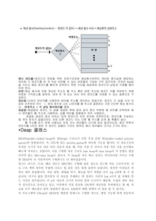 해시 테이블-레코드의 저장을 위한 자료구조로써 해상함수로부터 계산된 함수값에 해당하는
    테이블-
위치에 각 레코드를 한 개 이상 보관할 수 있는 버켓들로 구성된 기억 공간이며, 주어진 key값
을 가지고 해당 레코드를 빠르게 검색하기 위한 수단을 제공하며 레코드의 삽입과 삭제를 용이
하게 한다.
버켓-
버켓-해싱 함수에 의해 계산된 주소인 홈 주소 혹은 버켓 주소에 레코드 키를 저장하기 위해
마련된 기억장소를 말하며, 대개 한 개 또는 여러 개의 레코드를 저장할 수 있는 슬롯으로 구
성된다.
제산법-
제산법-나머지 연산자를 사용하여 테이블 주소를 걔산하는 방법으로, 레코드 키 값을 수치 자
료로 간주하여 어     양의 정수로 나눈 나머지를 홈 주소로 결정하는 가장 간단한 해싱 함수이
다. 버켓주소 = 키 값% 해쉬테이블 크기
제곱법-
제곱법-제곱법은 레코드 키 값을 제곱한 후에 결과 값의 중간 부분에 몇 비트를 선택하여 해
시 테이블의 홈 주소로 사용하여, 심볼 테이블 응용에서 자주 사용된다.
    제곱된 결과의 중간 비트는 대개 레코드의 모든 문자에 의존하므로, 레코드를 구성하는
몇 개의 문자가 같을지라도 서로 다른 레코드 키는 다른 홈 주소를 갖게 될 확률이 높다.
   홈 주소를 얻기 위해 사용되는 비트 수는 테이블의 크기에 따라 달라지는데, 중간 부분의
자릿수를 n이라 하면 각 레코드 값들이 가지는 범위인 해시 테이블의 크기는 2^n이 된다.
*Deap 클래스
DEAP(double-ended heap)은 힙(heap) 구조로서 이중 우선 순위 큐(double-ended priority
queue)의 일종입니다. 즉, STL에 있는 prority_queue와 비슷한 기능을 합니다. 이 자료구조의
목적은 크기가 서로 다른 여러 자료가 있을 때, 이중 가장 큰 것이나 가장 작은 것을 순서대로
빠르게 가져오는 것입니다. 이를 구현한 자료 구조로 min heap과 max heap이 각 층별로 번갈
아가며 있는 Min-max heap도 있으나, 두 heap을 서로 따로 둔다는 아이디어를 가지고 구현
한 DEAP이 더 직관적이며 구현하기도 더 재미있습니다.
링크드 리스트, 트리, 해쉬 정도는 MFC에도 구현돼 있을 정도로 친근한 자료 구조이지만, 자
료 구조 책의 뒷부분 무렵에 나오는 힙 같은 것은 대개 낯설어 보입니다. 하지만 이것들은 의
외로 매우 유용합니다. 자료 삽입, 최대값 얻기, 최소값 얻기 작업을 모두 log n만에 할 수 있
습니다. 더구나 값을 얻으면서 이 자료를 삭제하는 데 걸리는 시간이 log n이지 값 자체를 얻
는 시간은 상수입니다. 이 n은 자료의 크기가 아니라 힙의 크기이기 때문에, 수십만 개의 자료
가 실시간으로 들어오고 있고, 이중에서 가장 중요한 100개의 자료만을 추려낸다고 할 때, 자
료를 모두 메모리로 읽어 정렬하지 않고도 100칸의 배열 안에서 이 일을 할 수 있지요.
이 프로그램의 CDeap은 DEAP을 템플릿 클래스로 구현한 것으로, 랭킹 기능에 맞게 만들어져
 