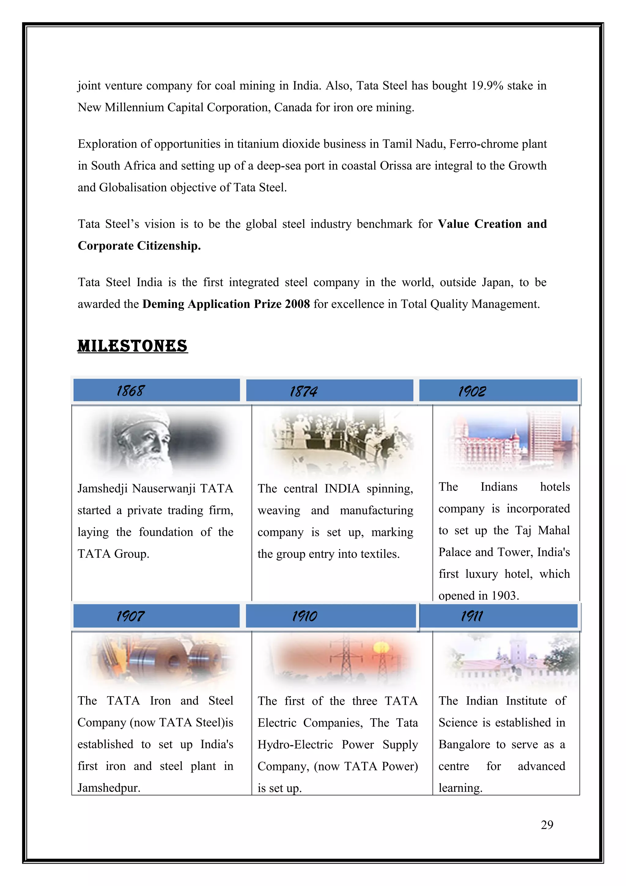 joint venture company for coal mining in India. Also, Tata Steel has bought 19.9% stake in
New Millennium Capital Corporation, Canada for iron ore mining.

Exploration of opportunities in titanium dioxide business in Tamil Nadu, Ferro-chrome plant
in South Africa and setting up of a deep-sea port in coastal Orissa are integral to the Growth
and Globalisation objective of Tata Steel.

Tata Steel’s vision is to be the global steel industry benchmark for Value Creation and
Corporate Citizenship.

Tata Steel India is the first integrated steel company in the world, outside Japan, to be
awarded the Deming Application Prize 2008 for excellence in Total Quality Management.


milEStONES

       1868                                  1874                             1902




Jamshedji Nauserwanji TATA          The central INDIA spinning,         The      Indians      hotels
started a private trading firm,     weaving and manufacturing           company is incorporated
laying the foundation of the        company is set up, marking          to set up the Taj Mahal
TATA Group.                         the group entry into textiles.      Palace and Tower, India's
                                                                        first luxury hotel, which
                                                                        opened in 1903.
       1907                                  1910                             1911



The TATA Iron and Steel             The first of the three TATA         The Indian Institute of
Company (now TATA Steel)is          Electric Companies, The Tata        Science is established in
established to set up India's       Hydro-Electric Power Supply         Bangalore to serve as a
first iron and steel plant in       Company, (now TATA Power)           centre       for   advanced
Jamshedpur.                         is set up.                          learning.

                                                                                              29
 