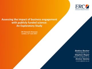Bettina Becker
b.becker@aston.ac.uk
Stephen Roper
stephen.roper@wbs.ac.uk
Enrico Vanino
e.vanino@aston.ac.uk
Assessing the impact of business engagement
with publicly funded science:
An Exploratory Study
ERC Research Showcase
London, 21st June 2017
 