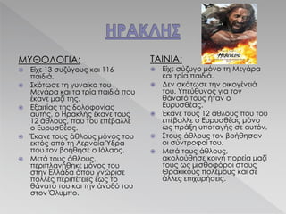 ΜΥΘΟΛΟΓΙΑ:
 Είχε 13 συζύγους και 116
παιδιά.
 Σκότωσε τη γυναίκα του
Μεγάρα και τα τρία παιδιά που
έκανε μαζί της.
 Εξαιτίας της δολοφονίας
αυτής, ο Ηρακλής έκανε τους
12 άθλους, που του επέβαλλε
ο Ευρυσθέας.
 Έκανε τους άθλους μόνος του
εκτός από τη Λερναία Ύδρα
που τον βοήθησε ο Ιόλαος.
 Μετά τους άθλους,
περιπλανήθηκε μόνος του
στην Ελλάδα όπου γνώρισε
πολλές περιπέτειες έως το
θάνατο του και την άνοδό του
στον Όλυμπο.
ΤΑΙΝΙΑ:
 Είχε σύζυγο μόνο τη Μεγάρα
και τρία παιδιά.
 Δεν σκότωσε την οικογένειά
του. Υπεύθυνος για τον
θάνατό τους ήταν ο
Ευρυσθέας.
 Έκανε τους 12 άθλους που του
επέβαλλε ο Ευρυσθέας μόνο
ως πράξη υποταγής σε αυτόν.
 Στους άθλους τον βοήθησαν
οι σύντροφοί του.
 Μετά τους άθλους,
ακολούθησε κοινή πορεία μαζί
τους ως μισθοφόροι στους
Θρακικούς πολέμους και σε
άλλες επιχειρήσεις.
 