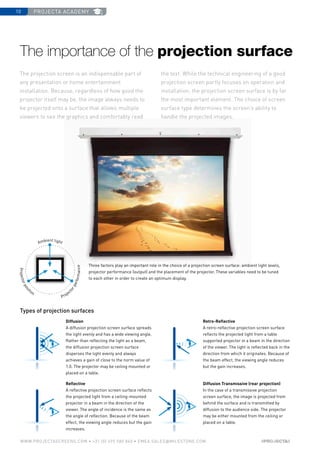 projecta academy10
www.PROJECTASCREENS.COM • +31 (0) 495 580 840 • emea.sales@milestone.com
The importance of the projection surface
The projection screen is an indispensable part of
any presentation or home entertainment
installation. Because, regardless of how good the
projector itself may be, the image always needs to
be projected onto a surface that allows multiple
viewers to see the graphics and comfortably read
Diffusion
A diffusion projection screen surface spreads
the light evenly and has a wide viewing angle.
Rather than reflecting the light as a beam,
the diffusion projection screen surface
disperses the light evenly and always
achieves a gain of close to the norm value of
1.0. The projector may be ceiling mounted or
placed on a table.
Reflective
A reflective projection screen surface reflects
the projected light from a ceiling-mounted
projector in a beam in the direction of the
viewer. The angle of incidence is the same as
the angle of reflection. Because of the beam
effect, the viewing angle reduces but the gain
increases.
Retro-Reflective
A retro-reflective projection screen surface
reflects the projected light from a table
supported projector in a beam in the direction
of the viewer. The light is reflected back in the
direction from which it originates. Because of
the beam effect, the viewing angle reduces
but the gain increases.
Diffusion Transmissive (rear projection)
In the case of a transmissive projection
screen surface, the image is projected from
behind the surface and is transmitted by
diffusion to the audience side. The projector
may be either mounted from the ceiling or
placed on a table.
Types of projection surfaces
Three factors play an important role in the choice of a projection screen surface: ambient light levels,
projector performance (output) and the placement of the projector. These variables need to be tuned
to each other in order to create an optimum display.
Projectorposit
ion
Projec
torperformance
Ambient light
the text. While the technical engineering of a good
projection screen partly focuses on operation and
installation, the projection screen surface is by far
the most important element. The choice of screen
surface type determines the screen’s ability to
handle the projected images.
 