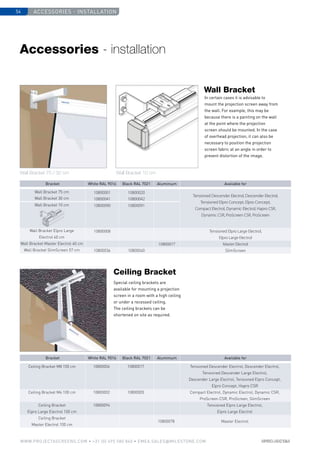 Accessories - installation54
www.PROJECTASCREENS.COM • +31 (0) 495 580 840 • emea.sales@milestone.com
10800001 10800020
Tensioned Descender Electrol, Descender Electrol,
Tensioned Elpro Concept, Elpro Concept,
Compact Electrol, Dynamic Electrol, Hapro CSR,
Dynamic CSR, ProScreen CSR, ProScreen
10800041 10800042
10800090 10800091
10800008 Tensioned Elpro Large Electrol,
Elpro Large Electrol
10800077 Master Electrol
10800036 10800040 SlimScreen
In certain cases it is advisable to
mount the projection screen away from
the wall. For example, this may be
because there is a painting on the wall
at the point where the projection
screen should be mounted. In the case
of overhead projection, it can also be
necessary to position the projection
screen fabric at an angle in order to
prevent distortion of the image.
Accessories - installation
Special ceiling brackets are
available for mounting a projection
screen in a room with a high ceiling
or under a recessed ceiling.
The ceiling brackets can be
shortened on site as required.
Wall Bracket 75 cm
Wall Bracket 30 cm
Wall Bracket 10 cm
Wall Bracket Elpro Large
Electrol 40 cm
Wall Bracket Master Electrol 40 cm
Wall Bracket SlimScreen 57 cm
Bracket White RAL 9016 Black RAL 7021 Aluminium Available for
Bracket White RAL 9016 Black RAL 7021 Aluminium Available for
Wall Bracket
Ceiling Bracket
Wall Bracket 75 / 30 cm Wall Bracket 10 cm
Ceiling Bracket M8 100 cm 10800004 10800017 Tensioned Descender Electrol, Descender Electrol,
Tensioned Descender Large Electrol,
Descender Large Electrol, Tensioned Elpro Concept,
Elpro Concept, Hapro CSR
Ceiling Bracket M6 100 cm 10800002 10800005 Compact Electrol, Dynamic Electrol, Dynamic CSR,
ProScreen CSR, ProScreen, SlimScreen
Ceiling Bracket
Elpro Large Electrol 100 cm
10800094 Tensioned Elpro Large Electrol,
Elpro Large Electrol
Ceiling Bracket
Master Electrol 100 cm
10800078 Master Electrol
 