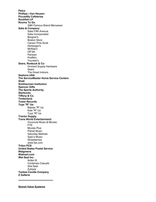 Petco
Phillips—Van Heusen
Piccadilly Cafeterias
Rockfish LP
Rooms To Go
S&K Famous Brand Menswear
Saks & Company:
Saks Fifth Avenue
Saks Incorporated:
Bergner's
Boston Store
Carson Pirie Scott
Herberger's
McRae's
Off 5th
Parisian
Proffitt's
Younker's
Sears, Roebuck & Co:
Orchard Supply Hardware
Sears
The Great Indoors
Sephora USA
The ServiceMaster Home Service Centers
Shell
Smithsonian Institution
Spencer Gifts
The Sports Authority
Starbucks
Tiffany & Co.
Timberland
Tower Records
Toys "R" Us:
Babies "R" Us
Kids "R" Us
Toys "R" Us
Tractor Supply
Trans World Entertainment:
Coconuts Music & Movies
FYE
Movies Plus
Planet Music
Saturday Matinee
Spec's Music
Strawberries
www.fye.com
Triton PCS
United States Postal Service
Walgreens
Walmart.com
Wet Seal Inc:
Arden B.
Contempo Casuals
Wet Seal
Zutopia
Yankee Candle Company
Z Gallerie
***********************************
Stored Value Systems
 