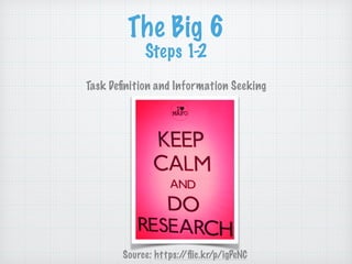 The Big 6
Steps 1-2
!
Task Deﬁnition and Information Seeking
Source: https://ﬂic.kr/p/igPeNC
 