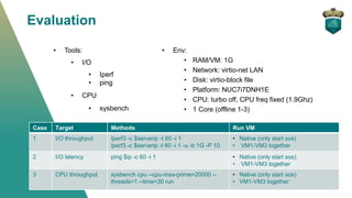 Evaluation
• Env:
• RAM/VM: 1G
• Network: virtio-net LAN
• Disk: virtio-block file
• Platform: NUC7i7DNH1E
• CPU: turbo of...