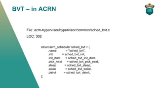 BVT – in ACRN
File: acrn-hypervisor/hypervisor/common/sched_bvt.c
LOC: 302
struct acrn_scheduler sched_bvt = {
.name = "sc...