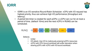 IORR
• IORR is an I/O sensitive Round-Robin Scheduler. vCPU with I/O request has
highest priority, thus can achieve high I...