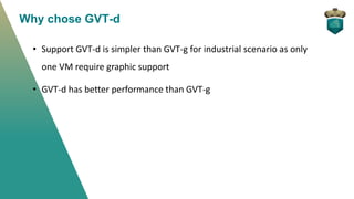 Why chose GVT-d
• Support GVT-d is simpler than GVT-g for industrial scenario as only
one VM require graphic support
• GVT...