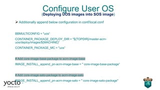 Configure User OS(Deploying UOS images into SOS image)
➢Additionally append below configuration in conf/local.conf
BBMULTICONFIG = "uos“
CONTAINER_PACKAGE_DEPLOY_DIR = "${TOPDIR}/master-acrn-
uos/deploy/images/${MACHINE}“
CONTAINER_PACKAGE_MC = "uos“
# Add core-image-base-package to acrn-image-base
IMAGE_INSTALL_append_pn-acrn-image-base = " core-image-base-package“
# Add core-image-sato-package to acrn-image-sato
IMAGE_INSTALL_append_pn-acrn-image-sato = " core-image-sato-package"
 