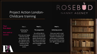 Project Action London-
Childcare training
Your
first steps
Your path to
success
Step 1..
Following the
discussion
Once you are happy
with the training
course you can sign
up. Payment must
be made for you to
continue on the
course and gain
access
Step 2….
The programme
You will be able to
carry out the training
following instructions.
Advice would be to do
the tasks as and when
they come up so that
your knowledge is still
fresh
.
Step 3…
Achieving success
Once your work is read
and returned, plus all the
modules completed you
will be given a certificate
for your portfolio to show
your agency, parents and
ofsted.
 