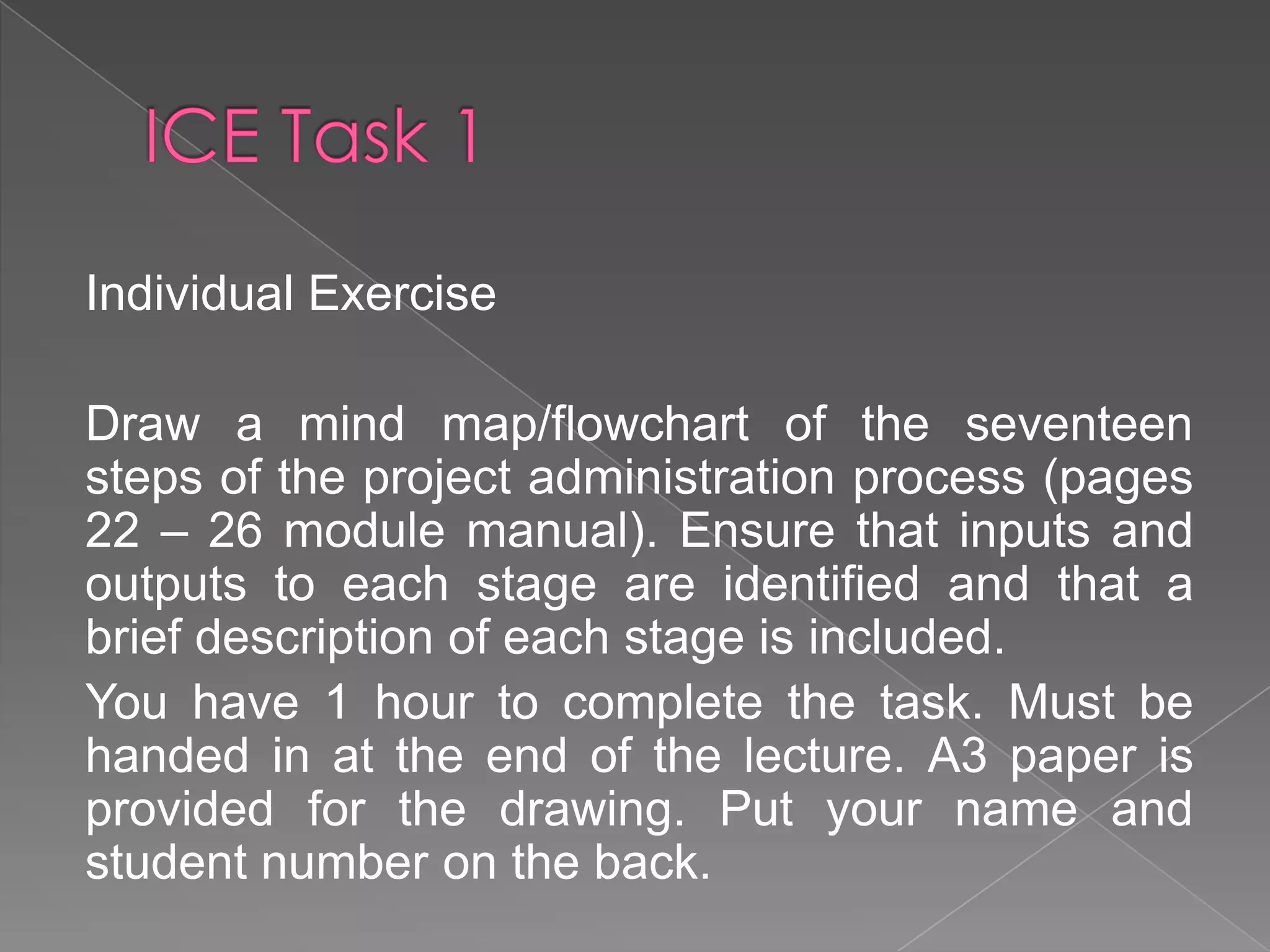 Individual Exercise

Draw a mind map/flowchart of the seventeen
steps of the project administration process (pages
22 – 26 module manual). Ensure that inputs and
outputs to each stage are identified and that a
brief description of each stage is included.
You have 1 hour to complete the task. Must be
handed in at the end of the lecture. A3 paper is
provided for the drawing. Put your name and
student number on the back.
 