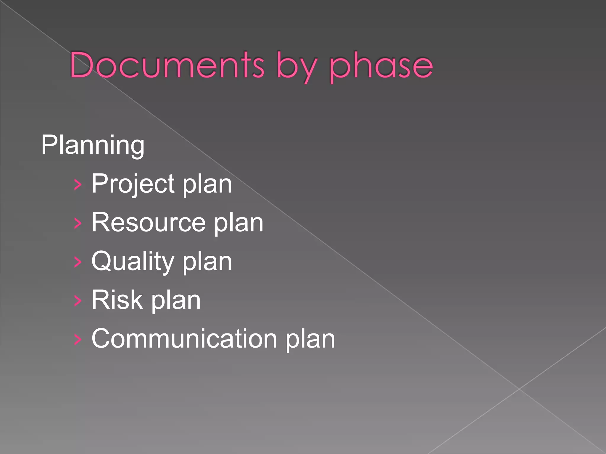 Planning
  › Project plan
  › Resource plan
  › Quality plan
  › Risk plan
  › Communication plan
 