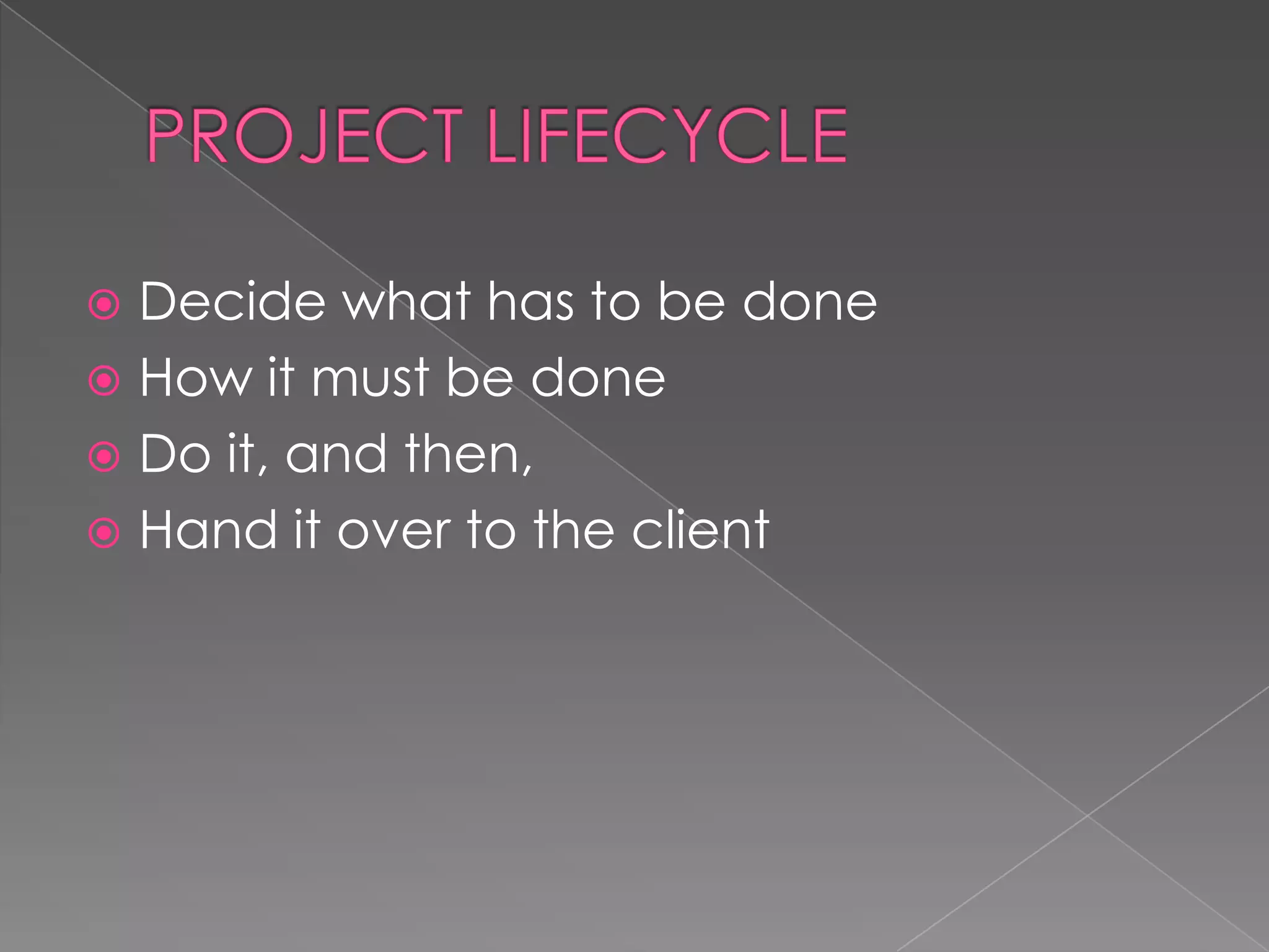  Decide what has to be done
 How it must be done
 Do it, and then,
 Hand it over to the client
 