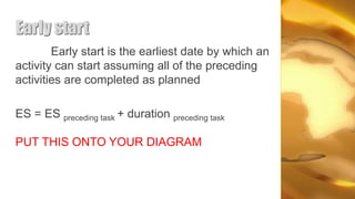 Early start
        Early start is the earliest date by which an
activity can start assuming all of the preceding
activities are completed as planned

ES = ES preceding task + duration preceding task

PUT THIS ONTO YOUR DIAGRAM
 