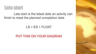 Late start
        Late start is the latest date an activity can
finish to meet the planned completion date

                LS = ES + FLOAT

         PUT THIS ON YOUR DIAGRAM
 