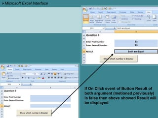 If On Click event of Button Result of
both argument (metioned previously)
is false then above showed Result will
be displayed
Microsoft Excel Interface
 