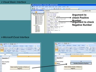 Visual Basic Interface
Argument to
check Positive
Number
Argument to check
Negative Number
Microsoft Excel Interface
 
