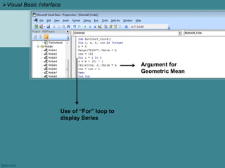 Visual Basic Interface
Argument for
Geometric Mean
Use of “For” loop to
display Series
 