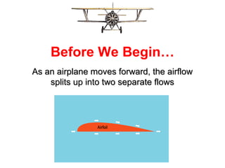 As an airplane moves forward, the airflowAs an airplane moves forward, the airflow
splits up into two separate flowssplits up into two separate flows
Before We Begin…
 