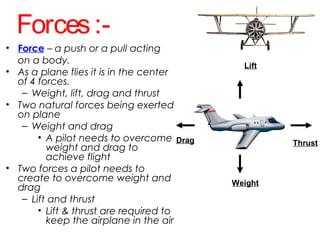 Forces:-
• Force – a push or a pull acting
on a body.
• As a plane flies it is in the center
of 4 forces.
– Weight, lift, drag and thrust
• Two natural forces being exerted
on plane
– Weight and drag
• A pilot needs to overcome
weight and drag to
achieve flight
• Two forces a pilot needs to
create to overcome weight and
drag
– Lift and thrust
• Lift & thrust are required to
keep the airplane in the air
Lift
Weight
Drag Thrust
 