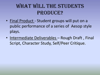 What Will The Students Produce?Final Product - Student groups will put on a public performance of a series of  Aesop style plays.Intermediate Deliverables – Rough Draft , Final Script, Character Study, Self/Peer Critique.