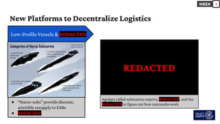 New Platforms to Decentralize Logistics
Low-Profile Vessels & REDACTED
4
Agrippa called submarine experts, REDACTED, and the
REDACTED to figure out how narcosubs work
REDACTED
● “Narco-subs” provide discrete,
attritible resupply to EABs
● REDACTED
 